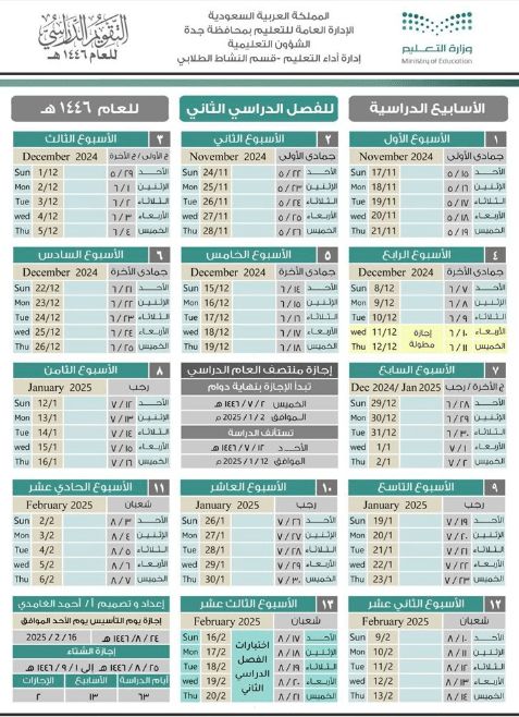 التقويم الدراسي للفصل الثاني