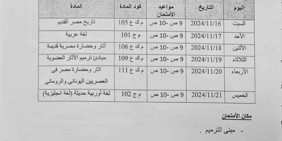 تنبيه لطلاب آثار القاهرة الفرقة الأولى بشأن امتحانات الميدترم